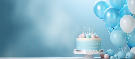 Celebrity themed birthday party with gourmet cafe for a one year old Decorated with a stunning blue cake meringues and a balloon Copy space image Place for adding text or design - obrazy, fototapety, plakaty