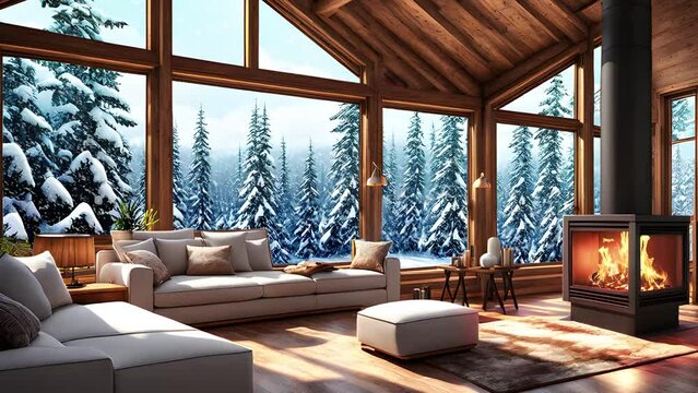 Cozy Wood Cabin Winter Scene with Crackling Fireplace and Snow Falling Ambience -Animated Seamless Loop