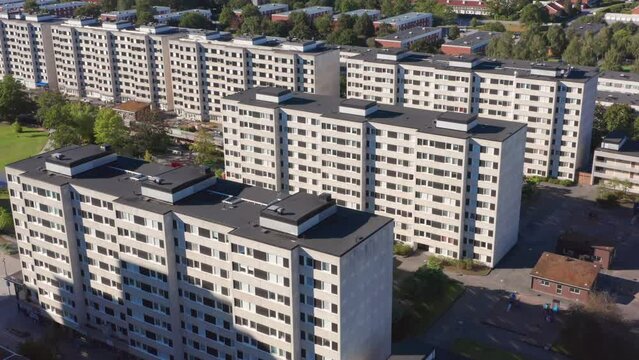 Concrete apartment buildings in suburb housing complex ghetto like. Segregation