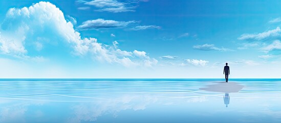 Abstract surreal path concept depicted with a man walking between two blue seas on a beach Copy space image Place for adding text or design