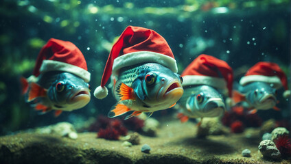 Fish in an aquarium, river, sea or ocean in Christmas hats