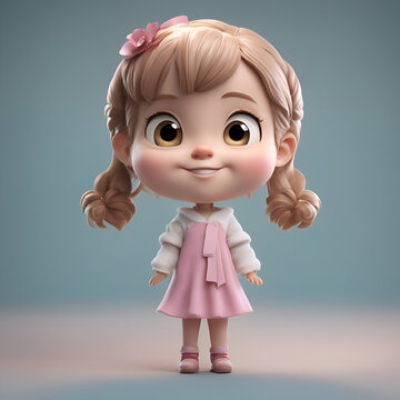 Cute little girl with ponytail in pink dress. 3d rendering