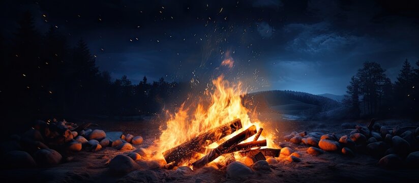 Campfire flames at night Copy space image Place for adding text or design