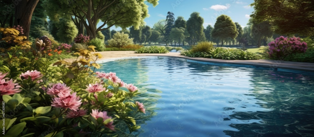 Wall mural Beautiful garden pool in the park Copy space image Place for adding text or design