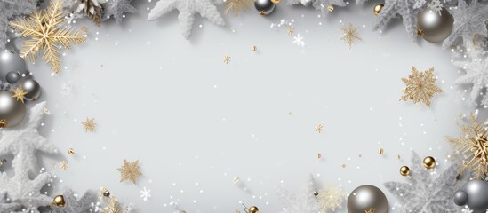 Christmas backdrop featuring a gilded frame with white stars silver snowflakes and beads Copy space image Place for adding text or design