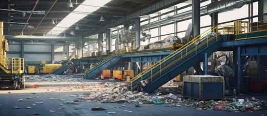 Naklejka premium Advanced waste processing facility with conveyors filled with diverse household waste Copy space image Place for adding text or design