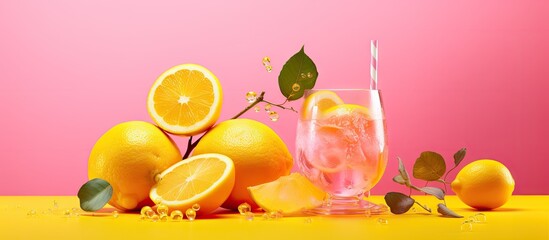 Abstract fruity drink poster with organic elements on pink background Copy space image Place for adding text or design