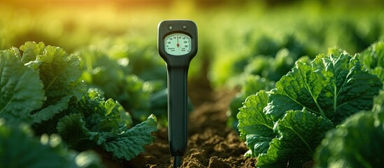 Agricultural concept soil meter measures fertility for organic vegetable plants Copy space image Place for adding text or design - obrazy, fototapety, plakaty