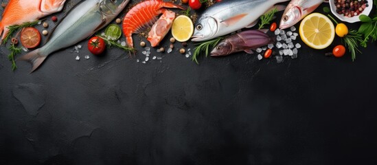 Assorted fresh raw seafood on black slate Top view with copy space Copy space image Place for adding text or design - obrazy, fototapety, plakaty