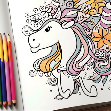 Coloring book with doodle horse and color pencils.