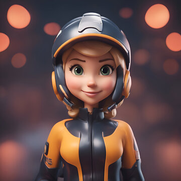 3D rendering of a female astronaut in an orange suit and helmet