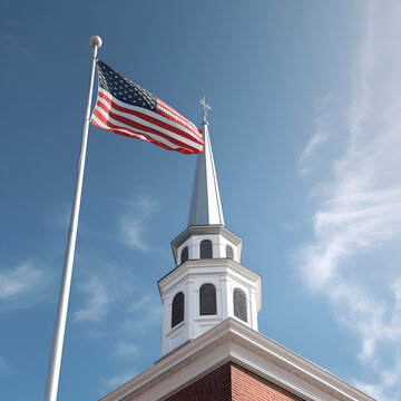 Church steeple and flag of the United States of America against blue sky