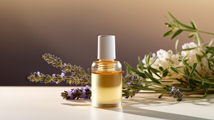 Fototapeta na wymiar Product Essential Oil Skincare product photography with flowers
