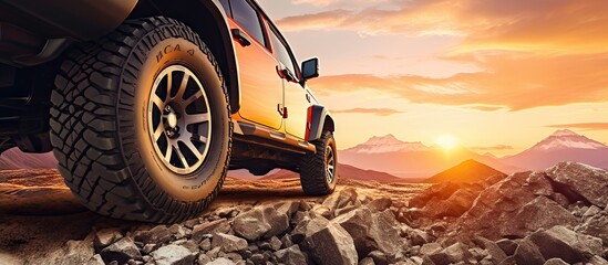 Fototapeta na wymiar Close up photo of a large offroad wheel with a 4x4 car set against a sunset and mountains representing the travel concept Copy space image Place for adding text or design