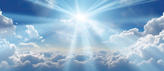 Beautiful cloudy sky with sunshine Peaceful natural background Sunny divine heaven Religion heavenly concept Copy space image Place for adding text or design - obrazy, fototapety, plakaty