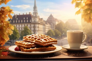 breakfast with Viennese waffles and coffee with the city as a backdrop - obrazy, fototapety, plakaty