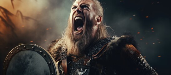 A loud Viking warrior wields an ax and a shield in a vivid picture Copy space image Place for adding text or design - obrazy, fototapety, plakaty