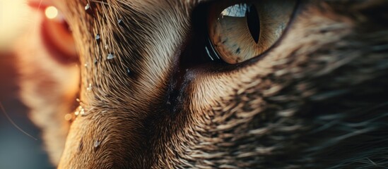 Close up of cat with infected eye in pain possibly conjunctivitis herpes or allergy Copy space image Place for adding text or design - obrazy, fototapety, plakaty