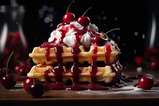 Vienna waffles with cream and berries. Close-up, professional shooting