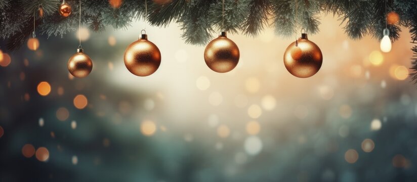 Abstract defocused background with Christmas balls hanging from fir branches and lights Copy space image Place for adding text or design