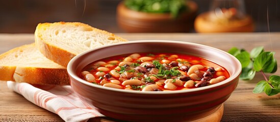 Bean soup and fresh sliced bread on a wooden table Copy space image Place for adding text or design