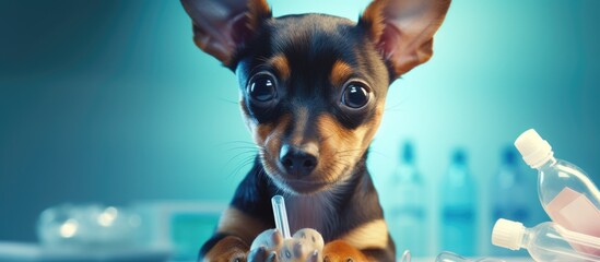 A vet at the clinic administers a liquid medication to a toy terrier using a syringe from an animal...