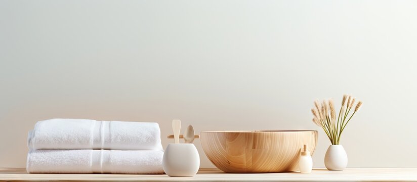 Clean and fresh rolled towels in a wooden bowl on a bench near a soft nail brush in a bathroom or spa salon with beauty elements on a table against a white wall Copy space image Place for addin