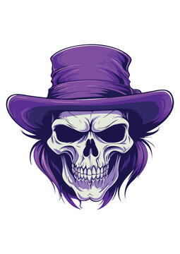 Skull Head with Purple Hat drawing, ready to print, editable, colored skull and drawing