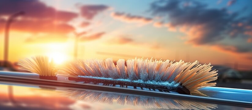 Car windshield brushes against sun s soft rays at sunset promoting cleaning polishing and anti rain Copy space image Place for adding text or design