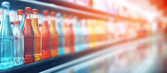 Blurred background of soft drink bottles in convenience store refrigerators Copy space image Place for adding text or design - obrazy, fototapety, plakaty