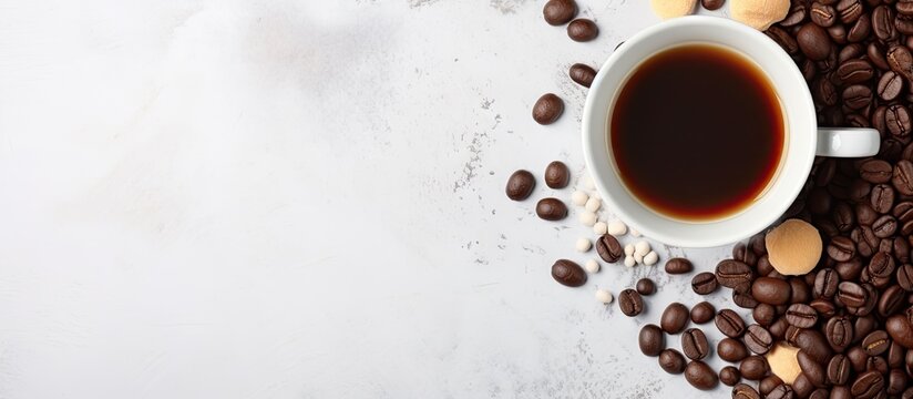 Black coffee and chocolate and coffee beans in glass jar on concrete background Top view space for text Copy space image Place for adding text or design
