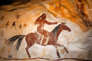 Fantasy illustration of a cave painting with horse and rider - obrazy, fototapety, plakaty