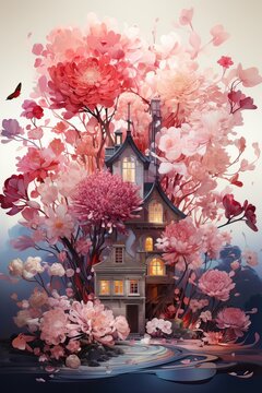 Illustration of a fictional house in colors, pink palette, postcard, dark background