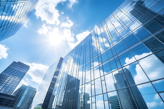 The low angle photography captures the reflective glass curtain walls of business office buildings and skyscrapers, with windows reflecting the blue sky and white clouds,