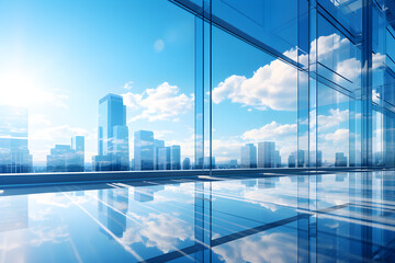 Reflective skyscrapers and business office buildings captured in low-angle photography display detailed glass curtain walls reflecting the blue sky and white clouds,