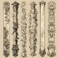 Victorian baroque decorative elements for design. Digital illustration.