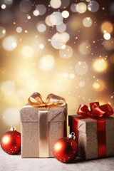 Fototapeta na wymiar Christmas boxes with gifts, balls on Christmas bokeh background. Beautiful Christmas background. Happy New Year and Merry Christmas