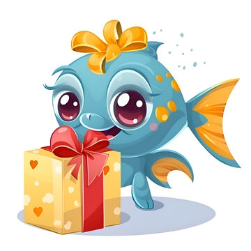 Illustration of a cute cartoon fish with a gift box on a white background