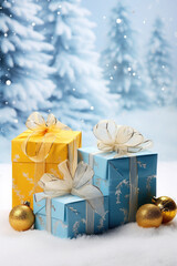 Yellow and blue gifts,tree, balls on a festive Christmas background. Brilliant gifts in the colors of the flag of Ukraine.Copy space for text