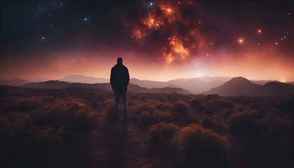 Man walking in the desert with starry sky. 3d rendering