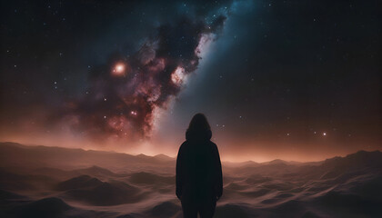 Woman looking at the Milky Way galaxy. 3D Rendering.