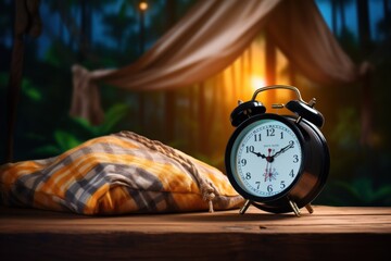alarm clock on table. pillow. against the background of ninth nature. time of relaxation and rest