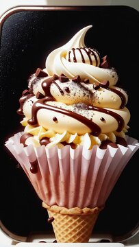 chokolade ice cream cone on beage studio background, choko drops