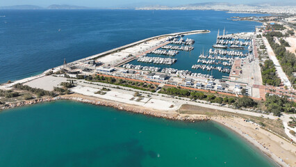 Aerial drone photo of seaside touristic area with paradise beaches and modern architecture of...