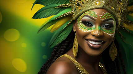 Beautiful carnival dancer close up portrait. Brazilian folk festival, costumes with colorful...