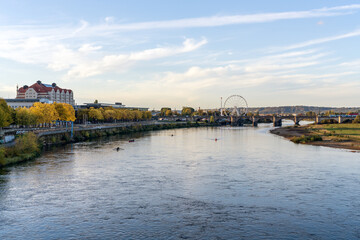 Dresden, Germany. Panoramic view of the historic center of the old town, the Elbe River and pleasure boats