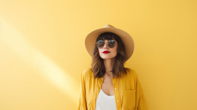 Stylish woman in a yellow shirt and hat with sunglasses against a yellow wall.