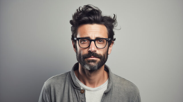 Confident man with tousled hair and beard wearing glasses on grey