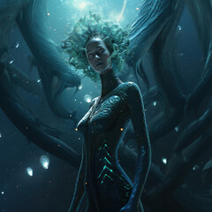 Fototapeta na wymiar alien woman in space with a space ship in the background, in the style of marine biology-inspired.