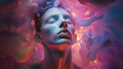 Abstract Beautiful man with shiny blue skin emerging from viscous fluid pink smoke